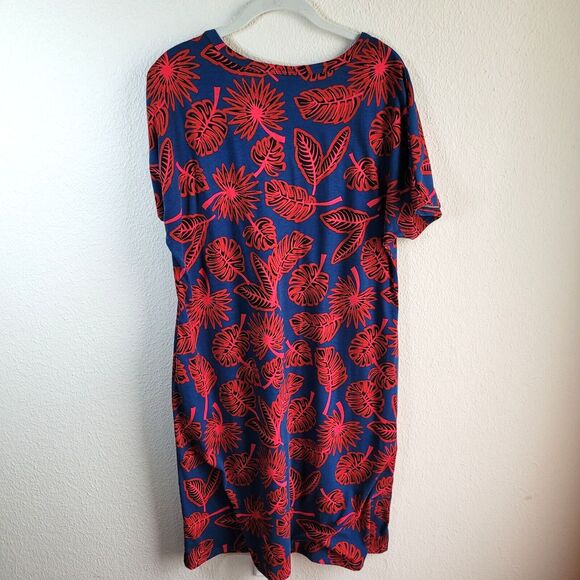 Lularoe Dress Size L Floral Palm Leaves Blue Red Marly Pockets - Picture 2 of 16